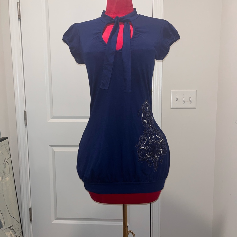 Women's Navy Tie-Neck Cap Sleeve Top